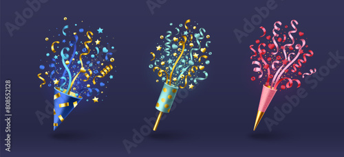 Birthday, New Year and Christmas party popper with flying confetti. Realistic 3d vector illustration set of cone and cylinder fire cracker with ribbon, star and heart streamers. Surprise serpentine.