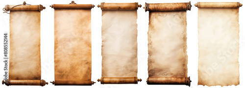 collection set old parchment paper scroll vintage aged or texture isolated on transparency background. photo