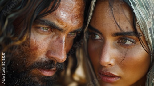 Close-up of a man and woman with intense expressions and detailed facial features