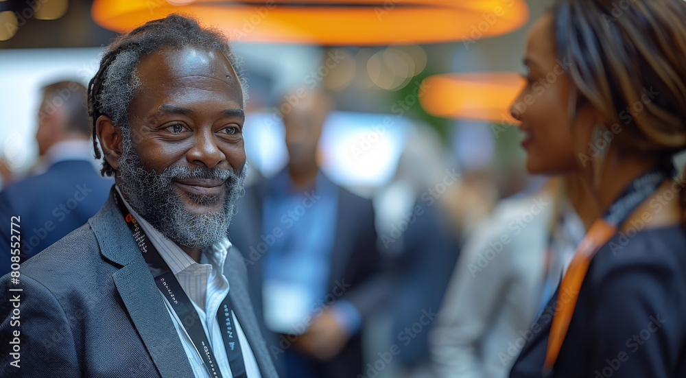 A group of working professionals, talking and hanging out at a trade conference event. The group consists of Caucasian and African American people. Generative AI. A group of working professionals, talking and hanging out at a trade conference event. The group consists of Caucasian and African American people. Generative AI.