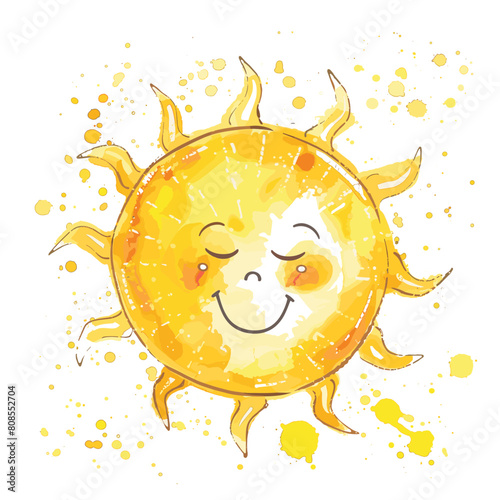 Happy cartoon sun winking watercolor style, smiling sunshine yellow orange splashes background. Cute sunny character joyful expression, wink playful sunbeam illustration kids nursery decor. Bright