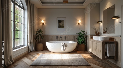 High-resolution 3D image of a bathroom with a custom light fixture above a freestanding tub  casting soft  even light across the room.