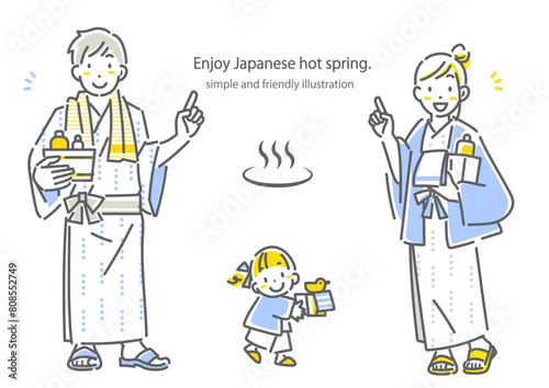 浴衣を着て温泉を楽しむ若い家族　シンプルで
お洒落な線画イラスト