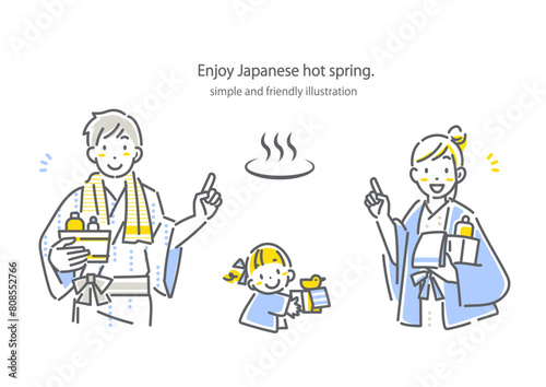 浴衣を着て温泉を楽しむ若い家族　シンプルで
お洒落な線画イラスト