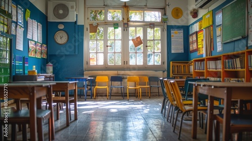 Sunlight fills a colorful classroom with empty chairs  tables  and educational materials on the walls