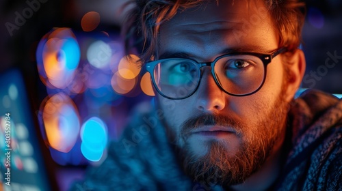 Blurred outline of a man's face against a backdrop of colorful bokeh lights