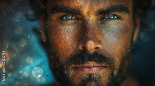 Intense close-up portrait of a rugged man with mysterious water reflections enhancing the mood © Vuk
