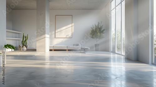 Detailed 3D image of a minimalist living room with an open-plan design, featuring stark white walls, concrete floors, and unobstructed daylight.
