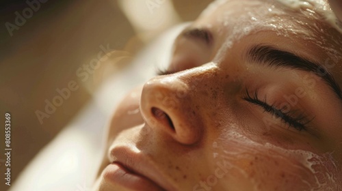 The close up picture of the person with closed eye received spa treatment and relax by sleep  the good spa treatment should have skincare procedure  body treatment and relaxation techniques. AIG43.