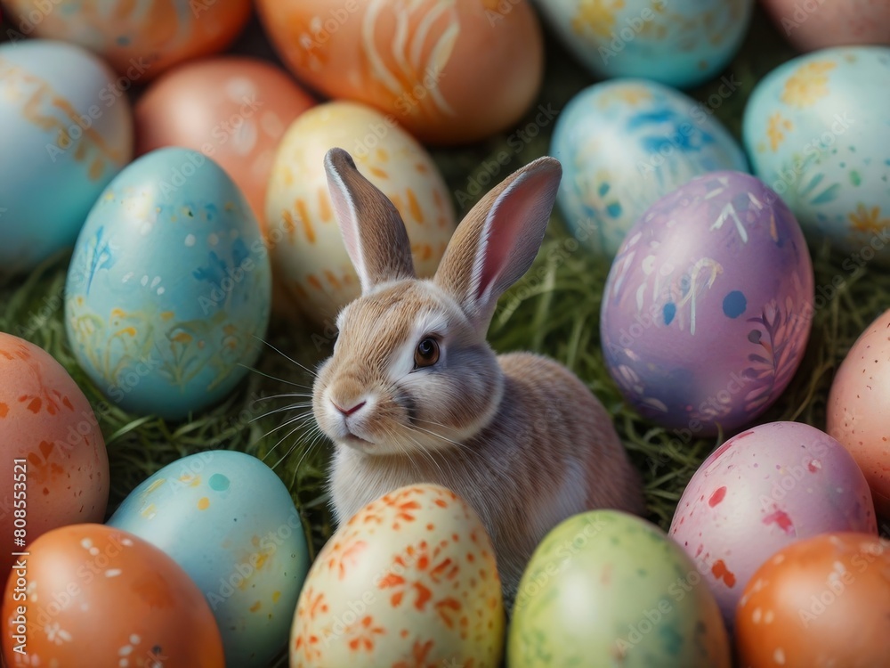 Easter Bunny amidst a field of pastel colored Easter eggs,