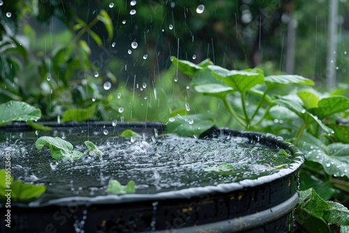 Vivid rain shower over a verdant garden, droplets splashing on a dark water barrel filled with leafy plants.