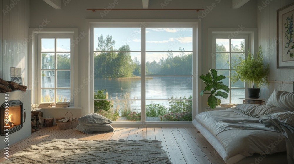 Detailed 3D illustration of a tranquil Scandinavian bedroom with a clean, modern fireplace and panoramic views outside large windows, creating a bright and airy feel. Detailed 3D illustration of a tranquil Scandinavian bedroom with a clean, modern fireplace and panoramic views outside large windows, creating a bright and airy feel.