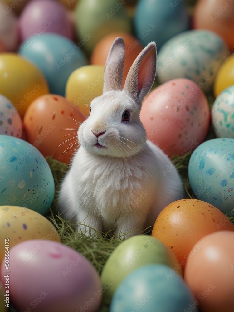 Easter Bunny amidst a field of pastel colored Easter eggs,