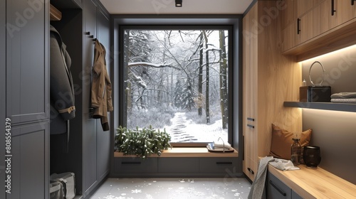 Detailed 3D illustration of a Scandinavian mudroom with functional design and a black window showcasing a snowy forest path.