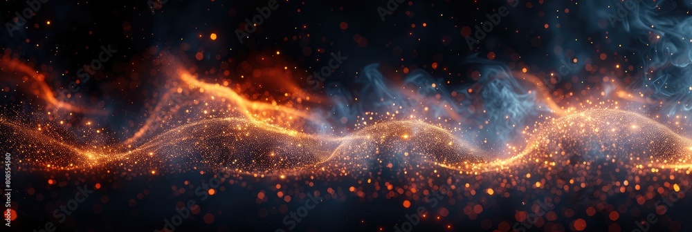 Glowing smoke energy particles background, Digital technology abstract 3d orange-yellow light particles