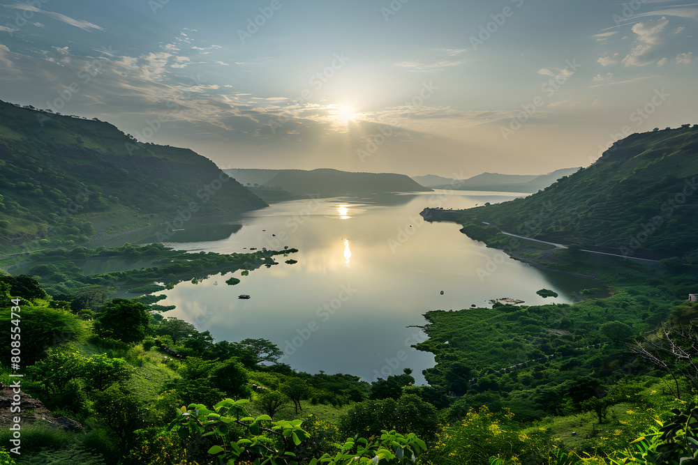 Golden Radiance over Ujani Dam: A Blend of Scenic Beauty and Human Activity