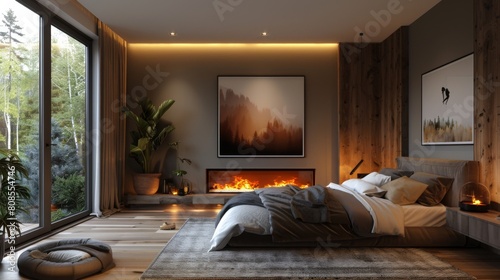 Detailed 3D illustration of a Scandinavian bedroom with a recessed fireplace, minimalist art, and soft, indirect lighting creating a calm, inviting ambiance photo