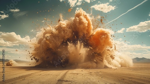 A grenade in the air in the desert which is exploding high in the air and the explosion creates a big hole in the ground. Generative AI.