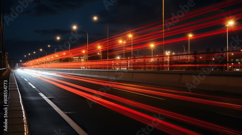Neon motion light trail at full speed against the background of a big city highway, abstract glowing line movement of speeding vehicles