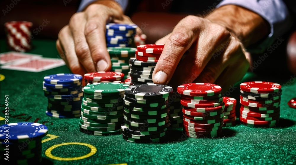 A man is playing poker with a pile of chips on a green table. The man is wearing a suit and tie