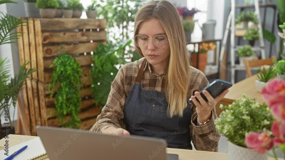 A focused woman entrepreneur managing her florist business indoors using a laptop and smartphone. A focused woman entrepreneur managing her florist business indoors using a laptop and smartphone.