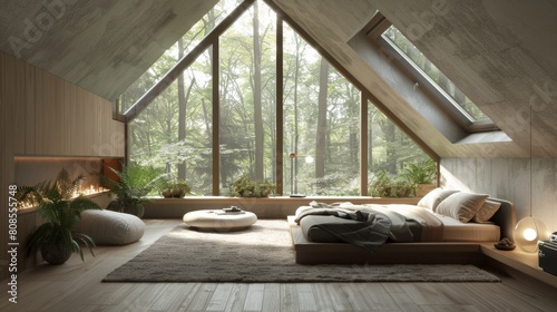 Detailed 3D illustration of a minimalist loft bedroom with skylights and a rear window offering views of a forest canopy  paired with ultra-modern furnishings.