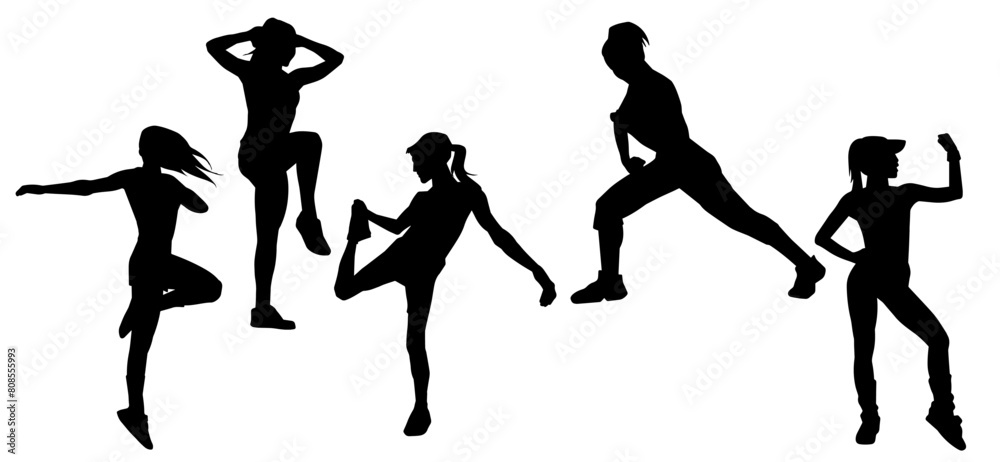 Silhouette collection of sporty woman doing gym workout. Silhouette group of female doing aerobic movements.