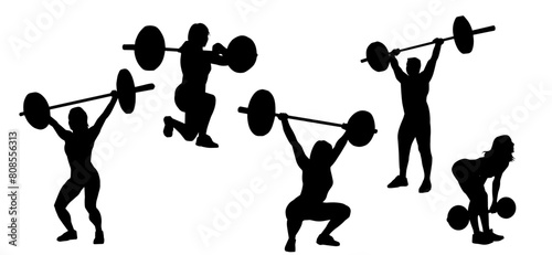 groupz 0Silhouette collection of female weightlifting athlete in action. Silhouette group of woman doing weightlifting exercise