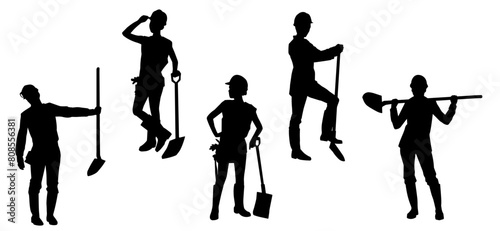 Silhouette group of woman worker with their shovel tool.