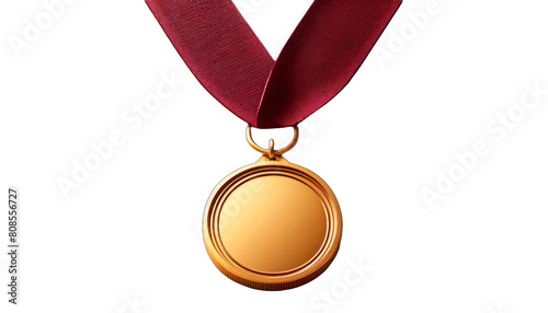 Gold medal with maroon ribbon, PNG format with transparent background, ideal for awards in sports, academia, or business achievements