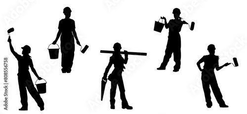 Silhouette collection of female workers in action pose with their tools
