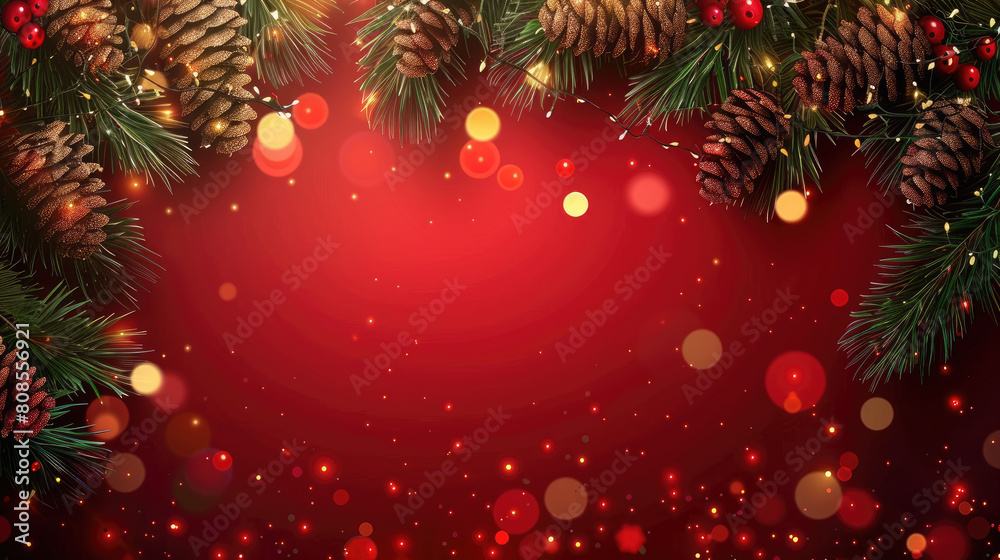 Christmas decoration border with fir branches and golden glitter confetti and sparkles of lights blur bokeh on red background Bright Christmas and New Year design holiday frame Vector