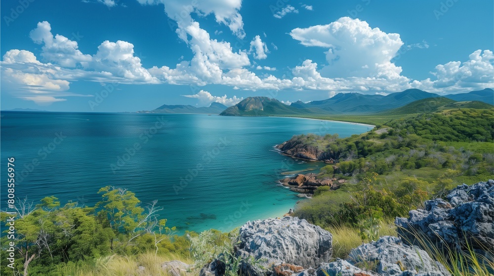 Lake nestled among majestic mountains with clear blue skies, sandy shores, and lush greenery, a picturesque scene for travelers to explore Lake nestled among majestic mountains with clear blue skies, sandy shores, and lush greenery, a picturesque scene for travelers to explore