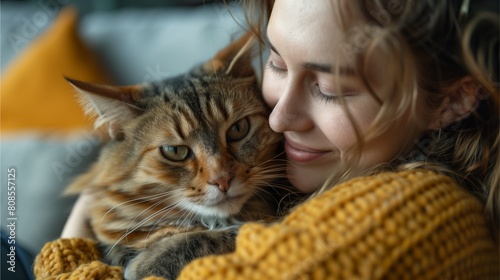 A young person smiles with joy as they hold their cuddly cat