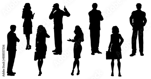 Silhouette group of fashionable people in standing pose. Silhouette collection of business people man and woman
