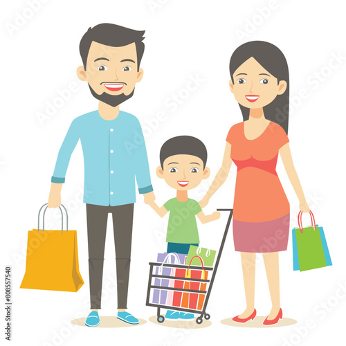 Family shopping together, cartoon illustration parents child shopping bags cart. Happy family smiling, young couple boy enjoying retail therapy, casual attire. Cartoon characters, cheerful