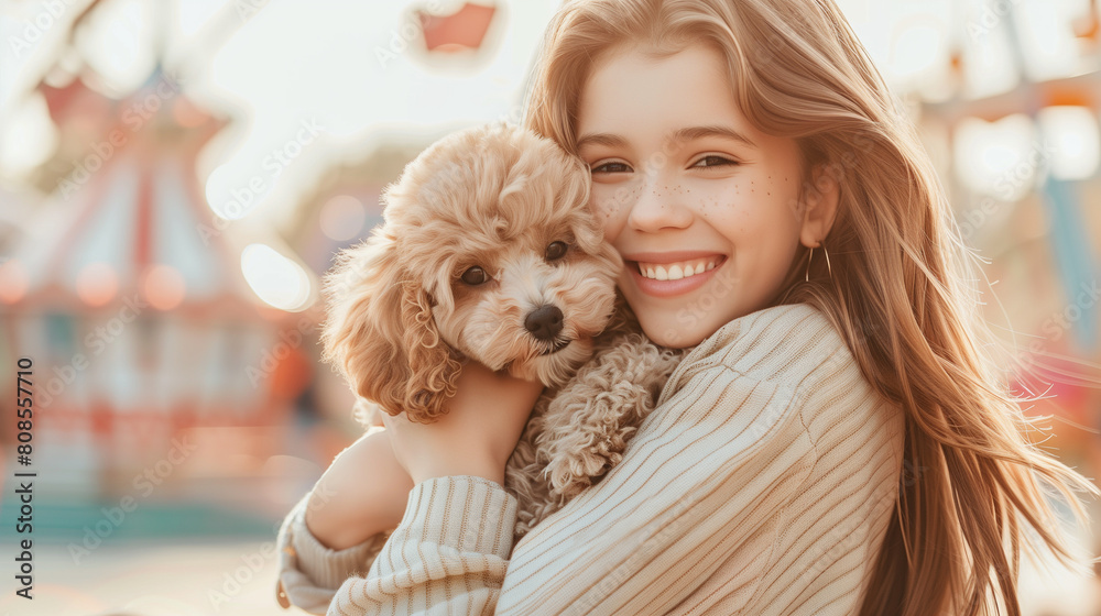 A beautiful girl with blonde hair and her dwarf poodle are spending time at an amusement park A beautiful girl with blonde hair and her dwarf poodle are spending time at an amusement park