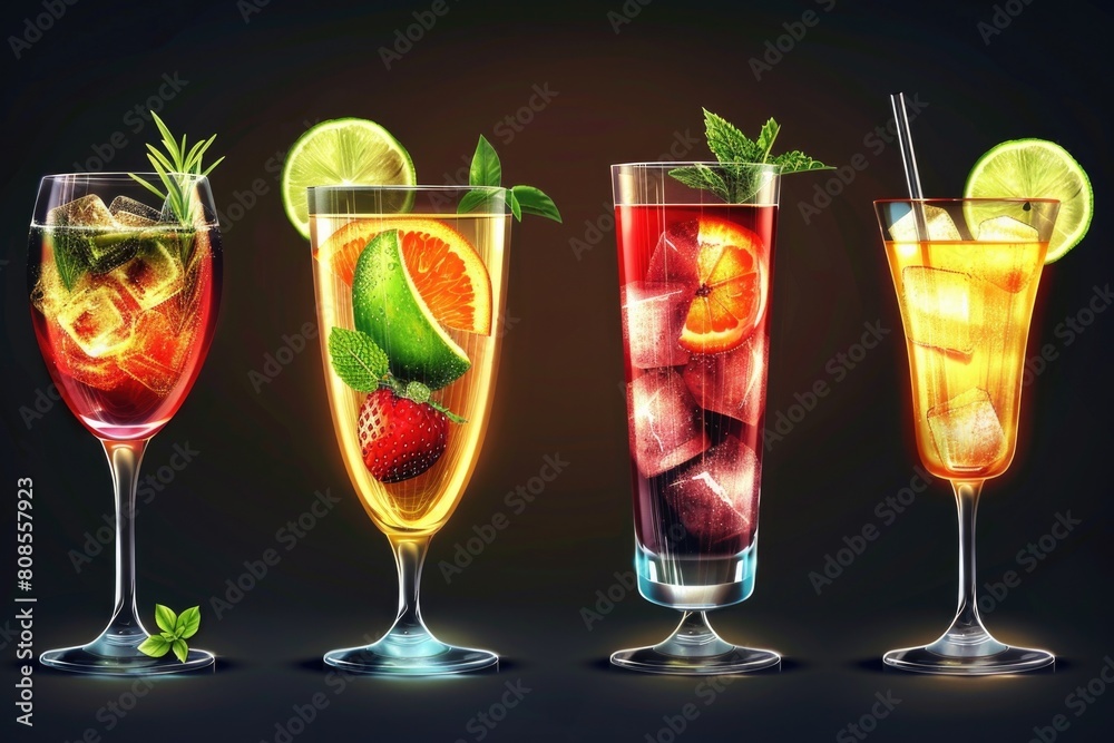 Four different cocktails in glasses with ice and fruit garnish. Concept of sophistication and indulgence Four different cocktails in glasses with ice and fruit garnish. Concept of sophistication and indulgence