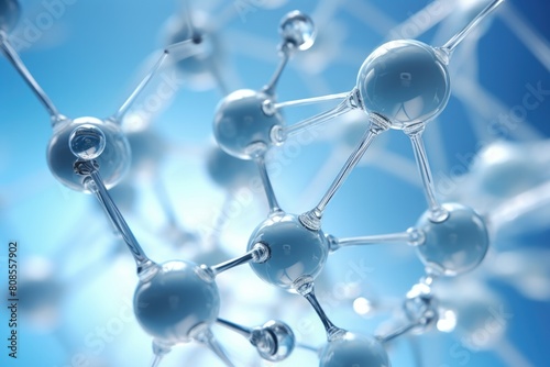 A close up of a cluster of blue spheres with a blue background. The spheres are connected by thin lines, creating a web-like structure. Concept of interconnectedness and complexity