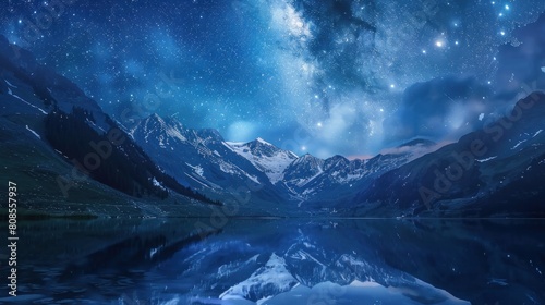 Amazing starry sky over mountains, lake. Picturesque night. European Georgia, Caucasus Mountains.