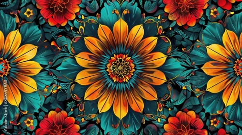 Illustration of a flower pattern background seamlessly blending with a mandala design