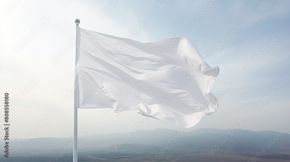 A white flag is blowing in the wind on a cloudy day. The flag is on a pole and is the only thing visible in the image