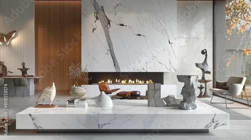 A contemporary living room with a large white marble fireplace, surrounded by a collection of modern art sculptures and high-end minimalist furniture photo