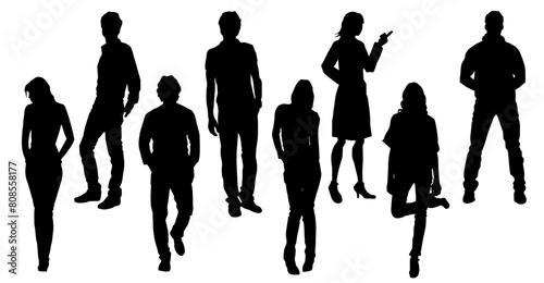 Silhouette group of fashionable people in standing pose. Silhouette collection of business people man and woman