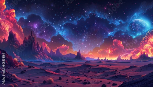 A colorful painting of a starry sky with mountains in the background by AI generated image