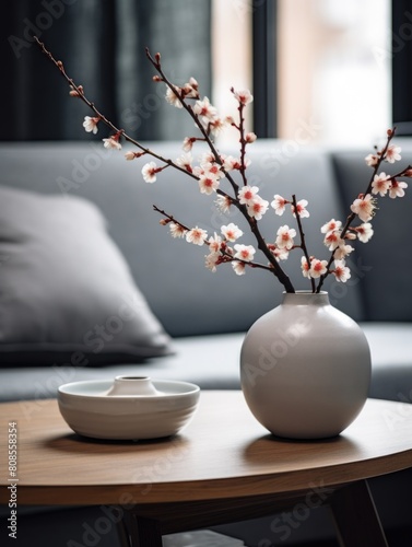 A vase of white flowers sits on a wooden table next to a gray couch. The couch is covered in a gray blanket and has a pillow on it