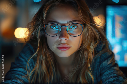 A young Asian woman wearing glasses is working in front of an interactive digital screen. Created with AI © stock