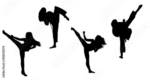Silhouette collection of woman doing a martial art kick. Silhouette collection of sporty female doing kicking movement.