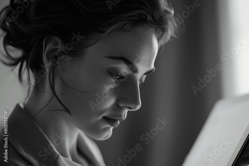 A woman is reading a book with her eyes closed. She has a sad expression on her face