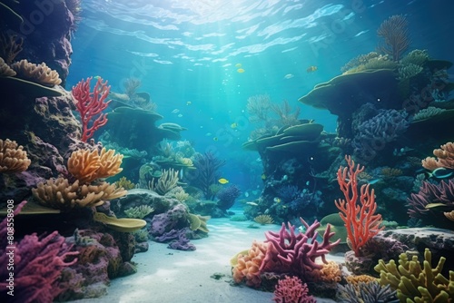 A colorful coral reef with a variety of fish swimming around. The bright colors of the coral and fish create a lively and vibrant atmosphere